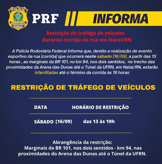PRF interdita neste sábado as marginais da BR-101 para evento esportivo
