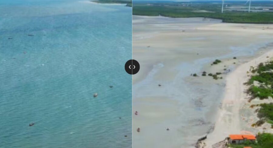 Maré baixa amplia faixa de areia de praia no Ceará em 4 quilômetros e imagem impressiona