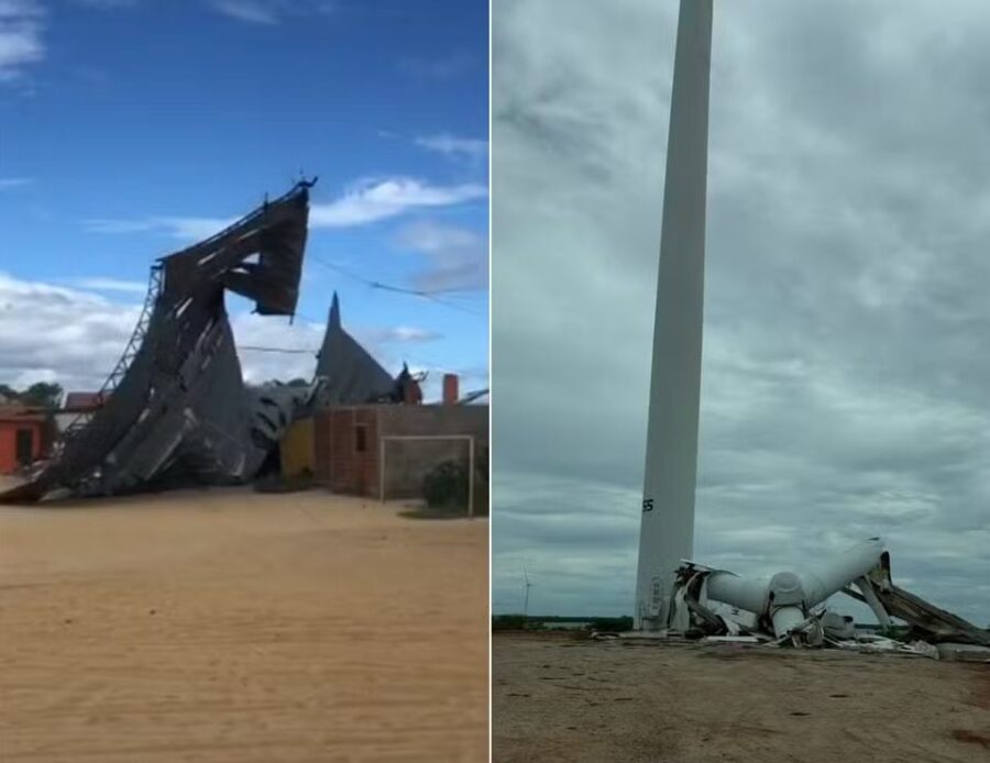 Em Galinhos: Cobertura de ginásio e parte de torre eólica desabam após forte ventania