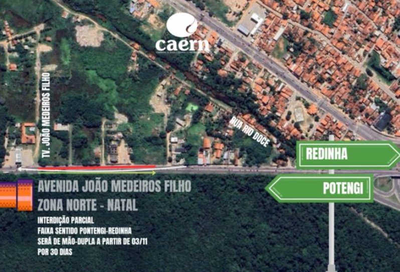 Obra da Caern com duração de 30 dias altera o trânsito na Av. João Medeiros Filho a partir desta segunda-feira (3)